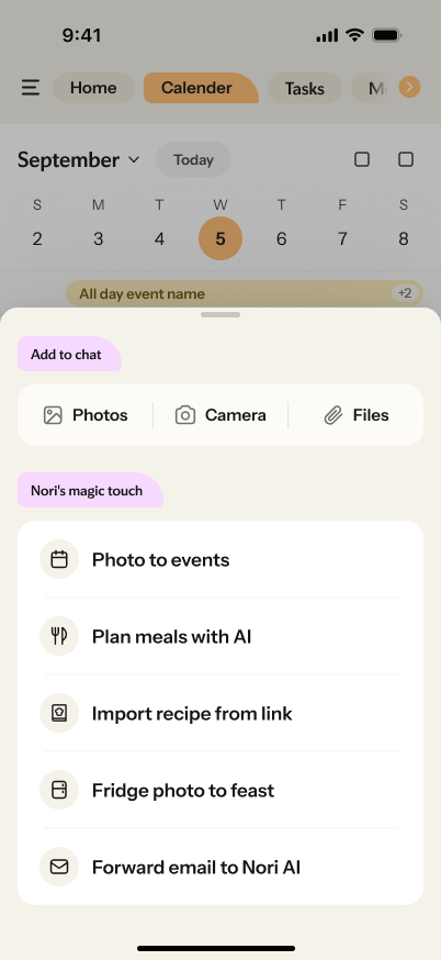 Nori options for adding photos, camera images, files, recipe links, and forwarded email