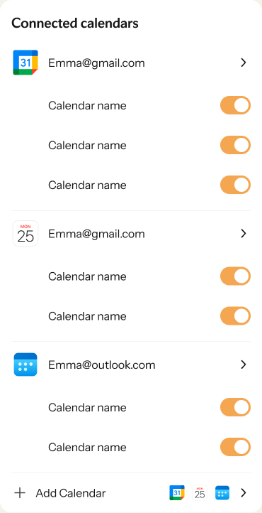 Connected calendars screen in Nori