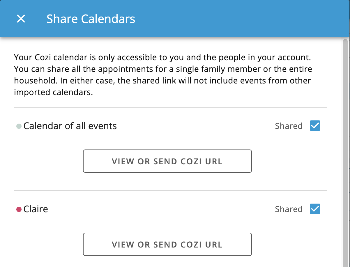 Cozi Share Calendars screen with the View or Send Cozi URL button